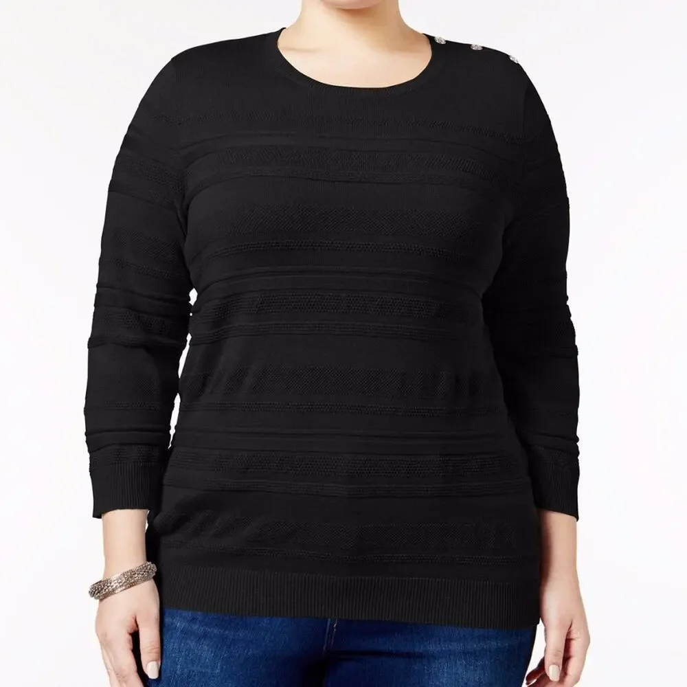Karen Scott Sweater Women's 1X Black Textured Long Sleeve Shoulder Button Accent